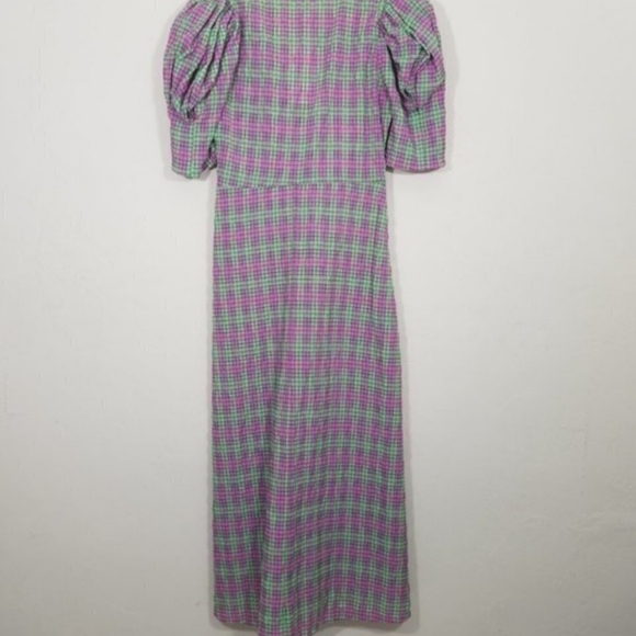 Zara Green Purple Plaid Print PuffBalloon Sleeve Ruched V-Neck MidiDress - Picture 4 of 5